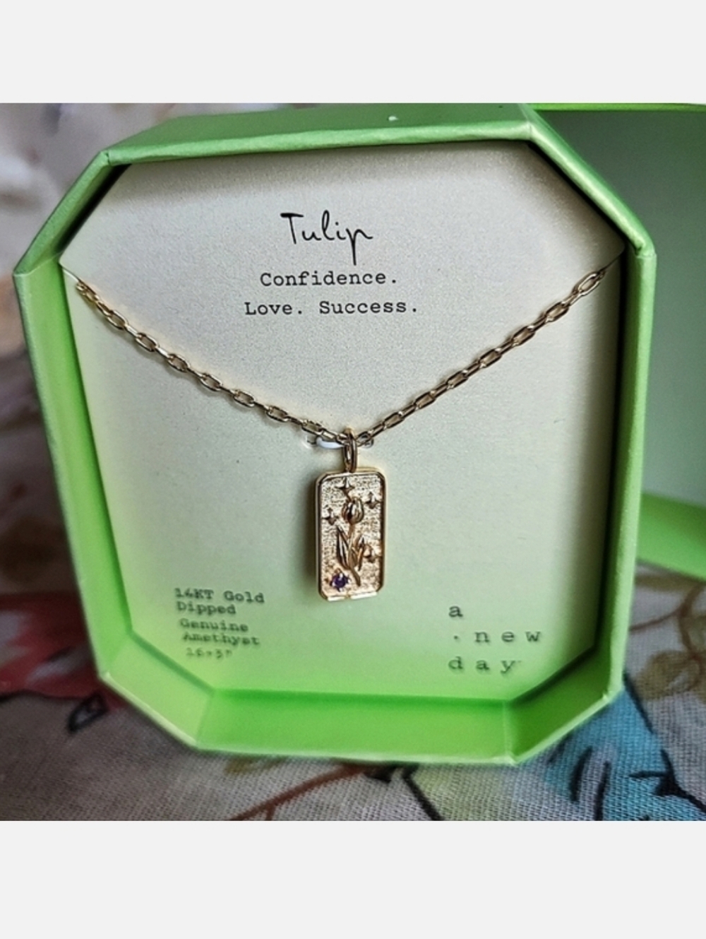 Amethyst Purple Birthstone Tulip Flower 14KT Gold Dipped Pendant Necklace NIB